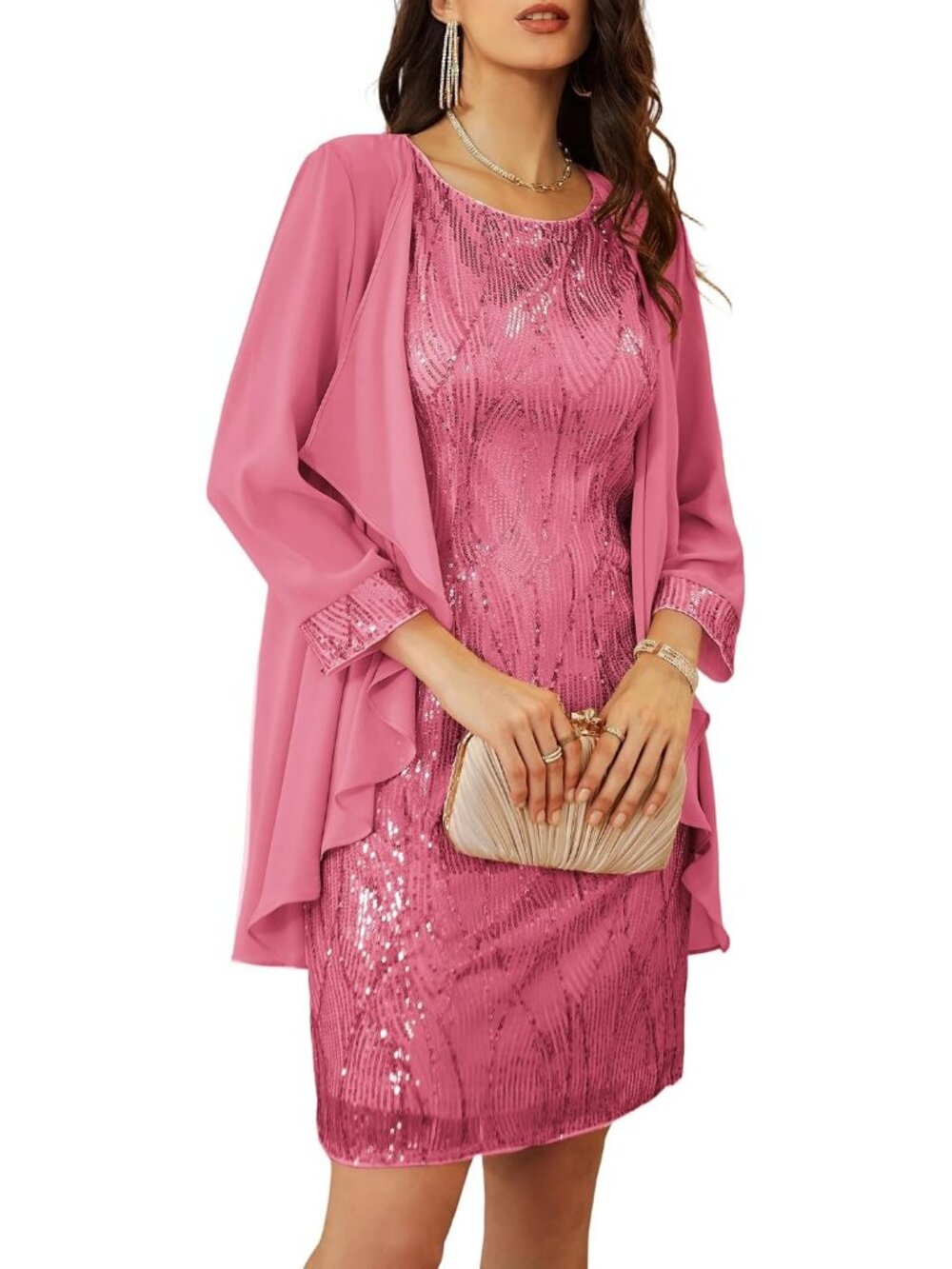 Women's Peach Pink Two Piece 3/4 Sleeve Knee Length Crew Neck Bodycon Dress